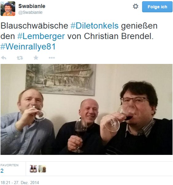 Swabianle auf Twitter Blauschwäbische #Diletonkels genießen den #Lemberger von Christian Brendel. #Weinrallye81
